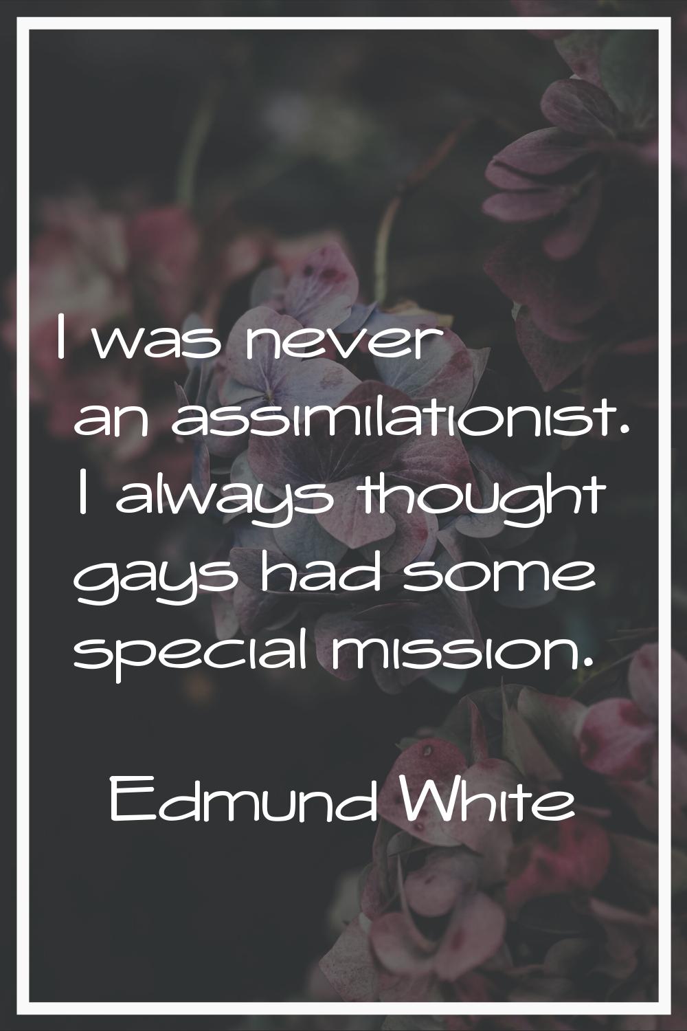I was never an assimilationist. I always thought gays had some special mission.