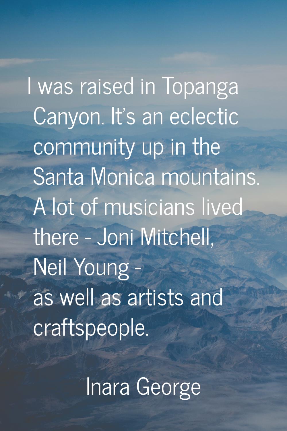 I was raised in Topanga Canyon. It's an eclectic community up in the Santa Monica mountains. A lot 