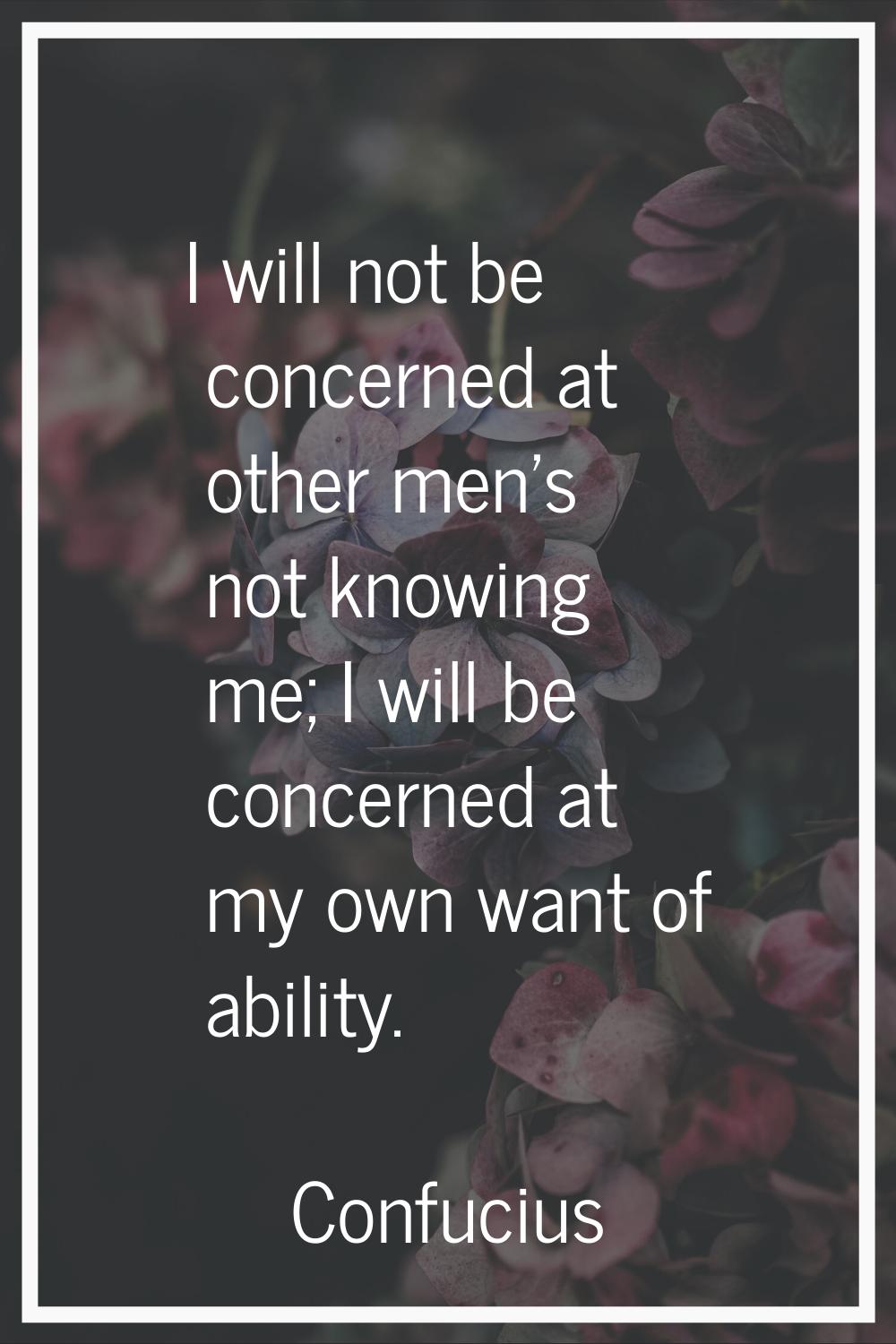 I will not be concerned at other men's not knowing me; I will be concerned at my own want of abilit