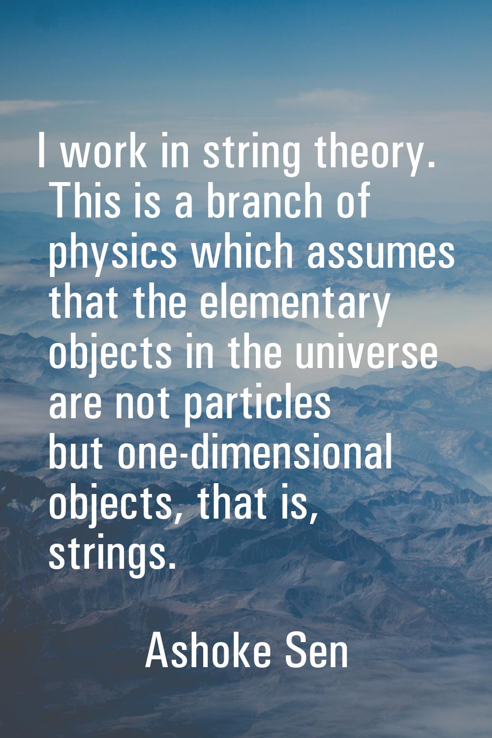 I work in string theory. This is a branch of physics which assumes that the elementary objects in t
