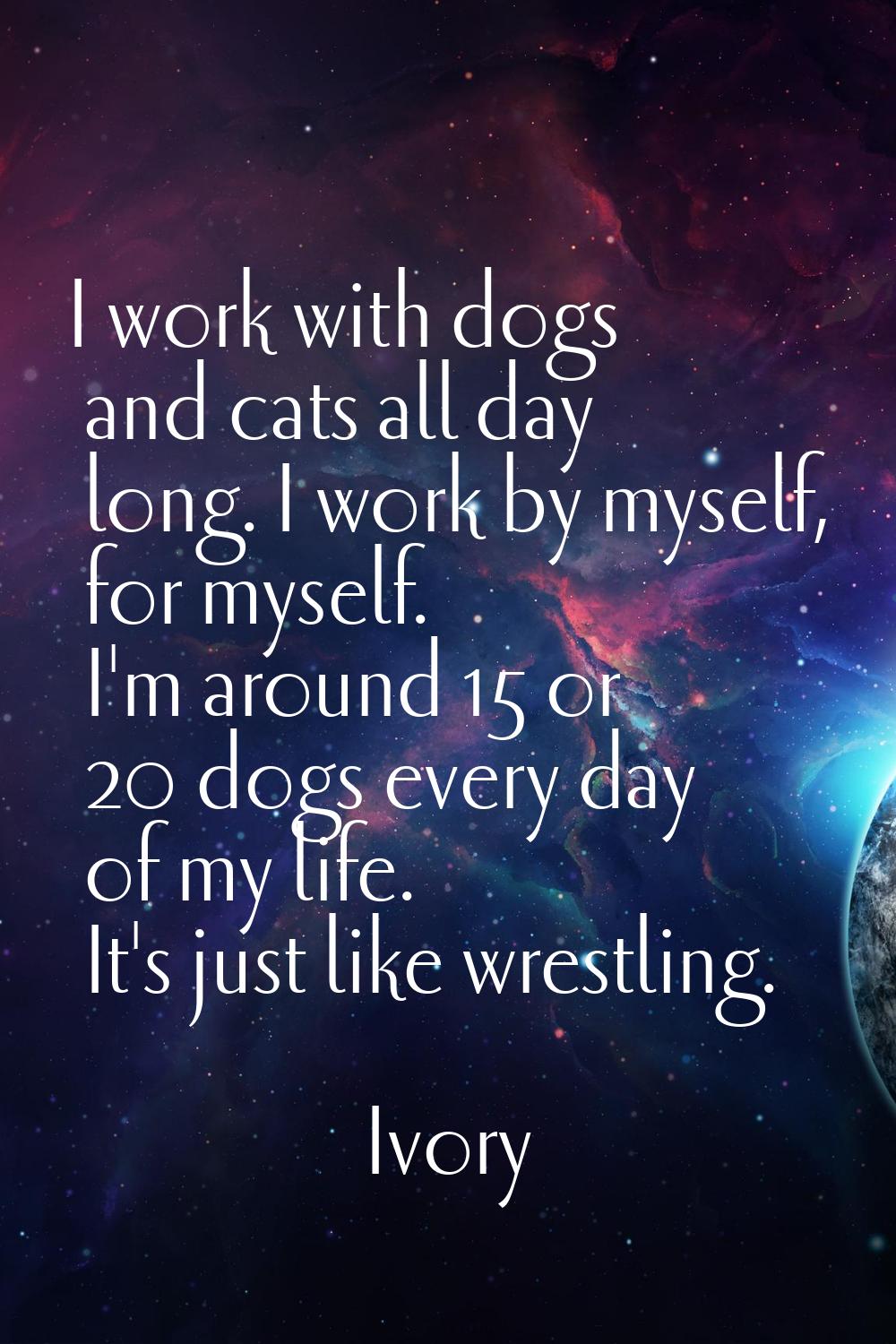 I work with dogs and cats all day long. I work by myself, for myself. I'm around 15 or 20 dogs ever