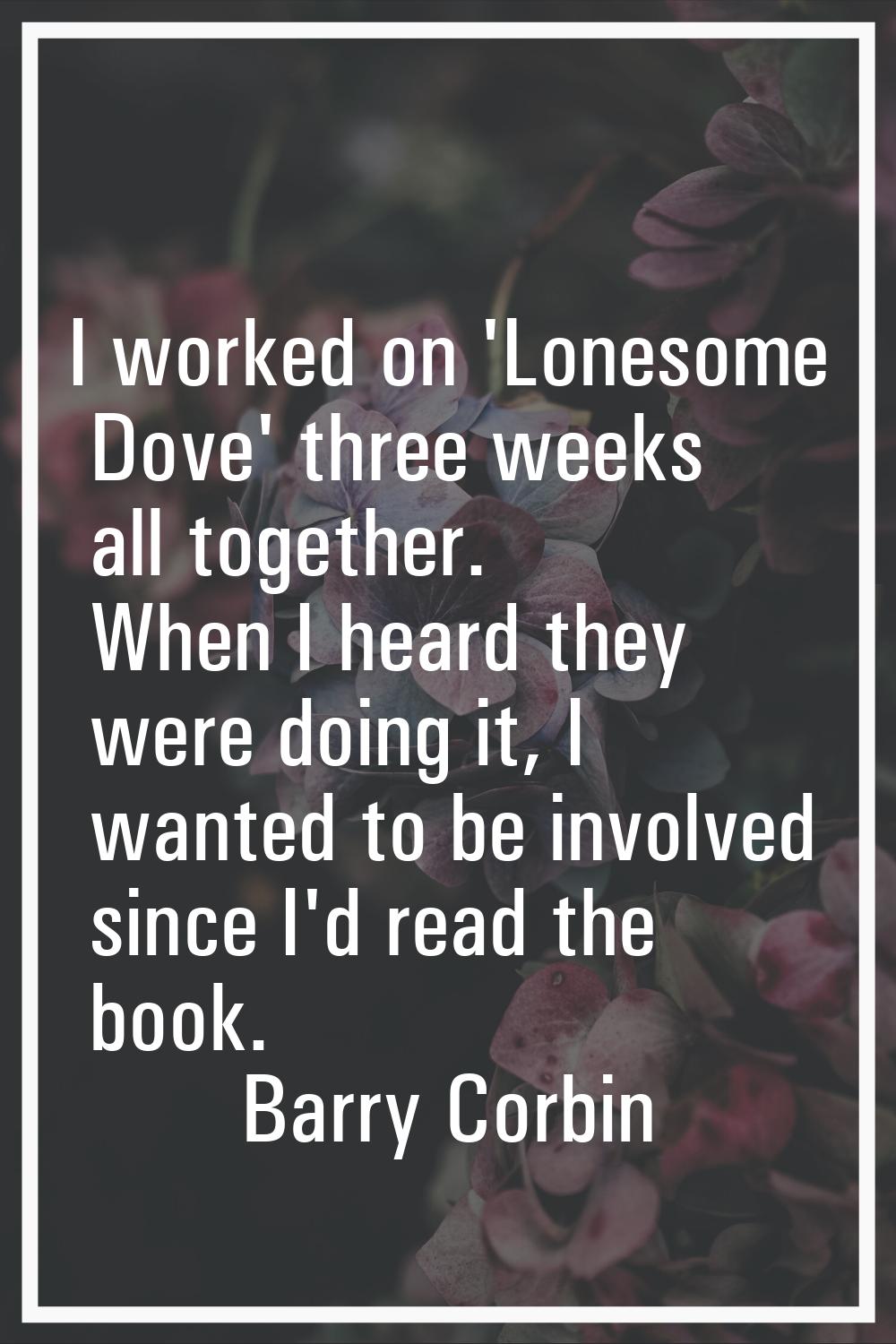 I worked on 'Lonesome Dove' three weeks all together. When I heard they were doing it, I wanted to 
