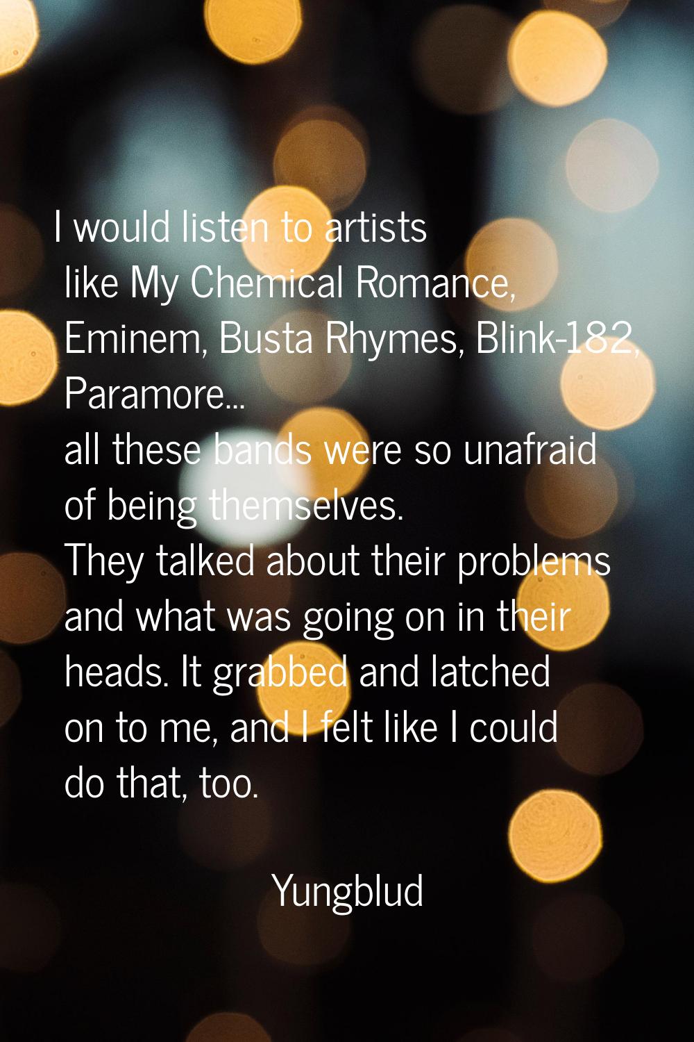 I would listen to artists like My Chemical Romance, Eminem, Busta Rhymes, Blink-182, Paramore... al