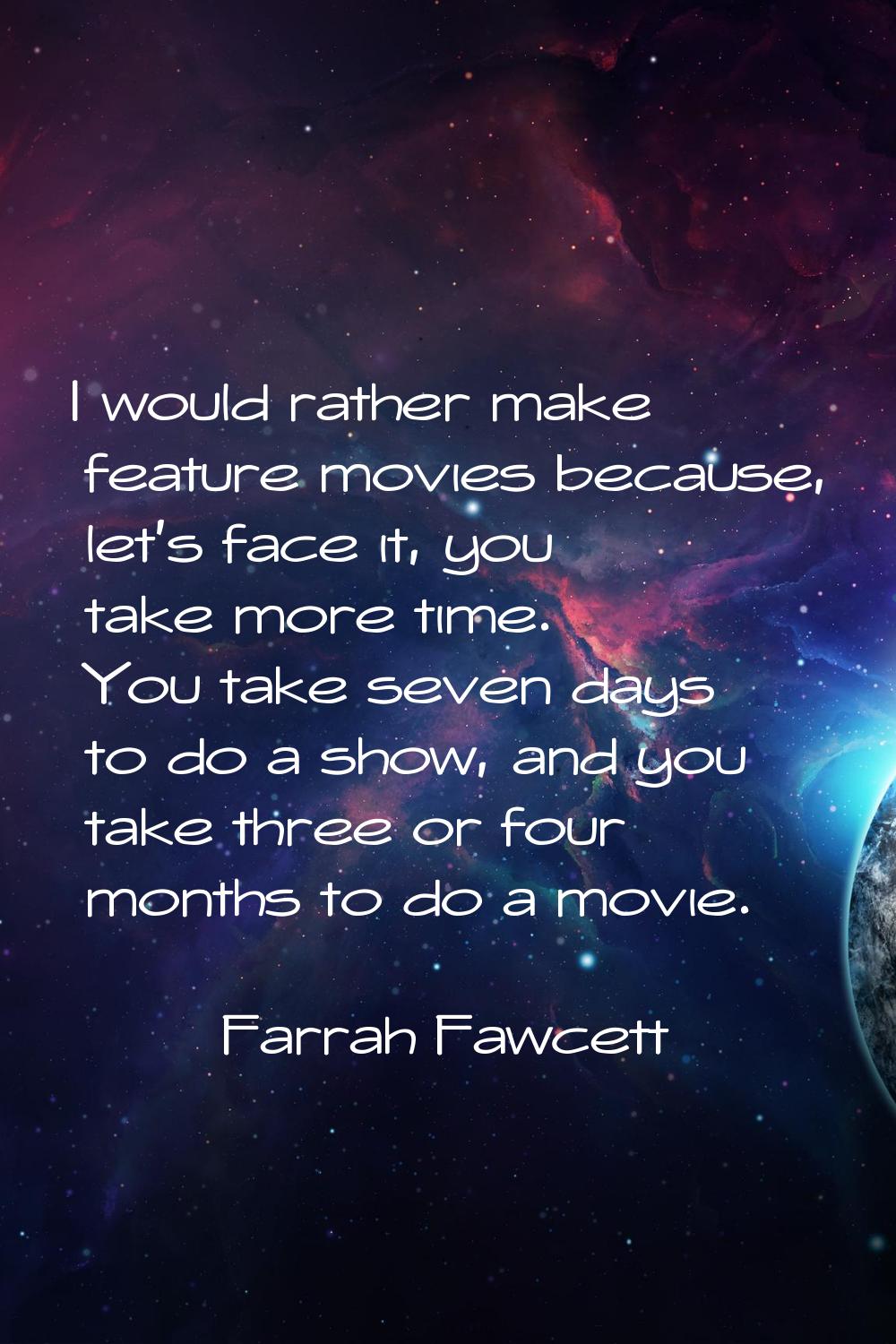 I would rather make feature movies because, let's face it, you take more time. You take seven days 