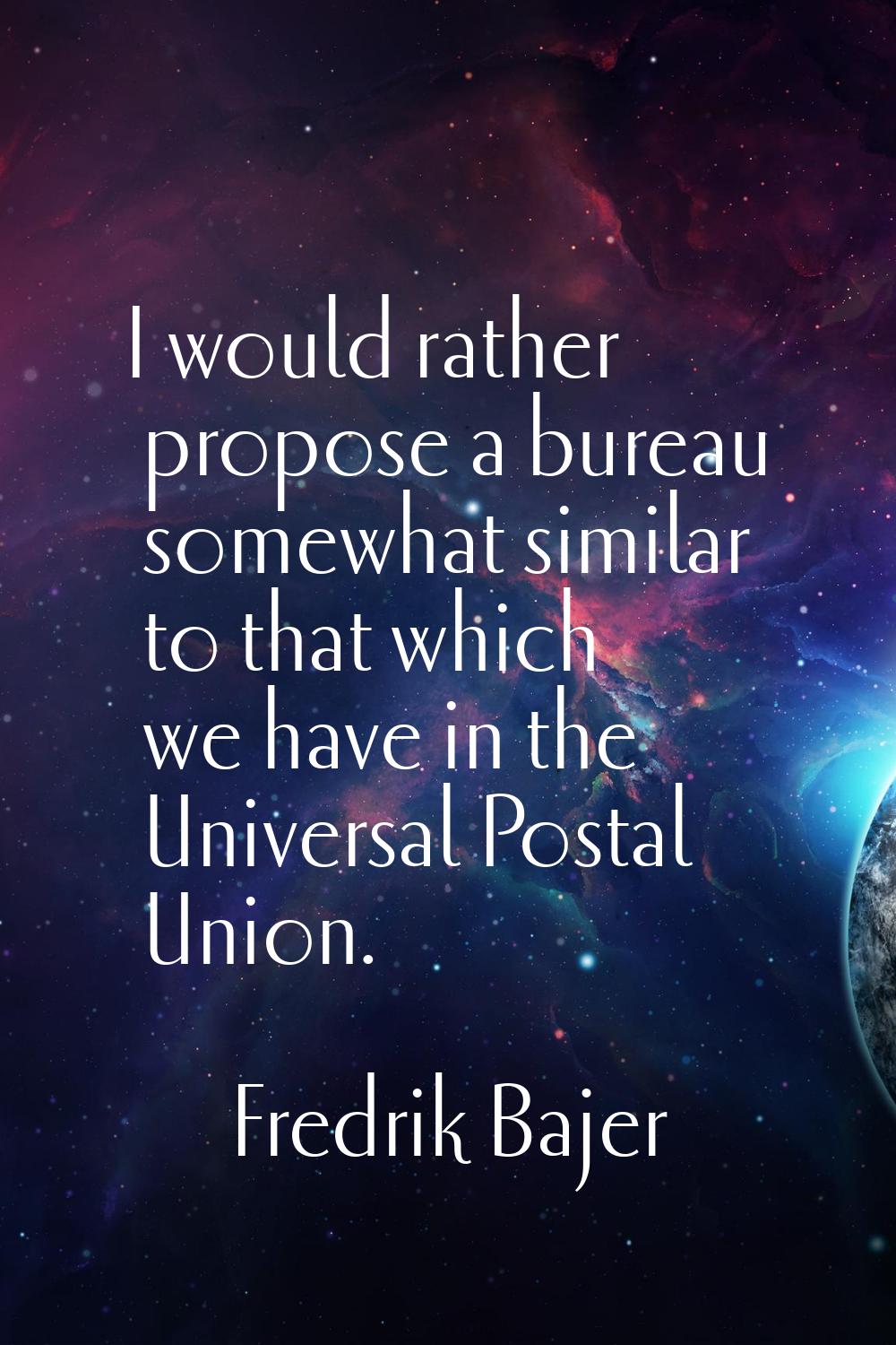 I would rather propose a bureau somewhat similar to that which we have in the Universal Postal Unio