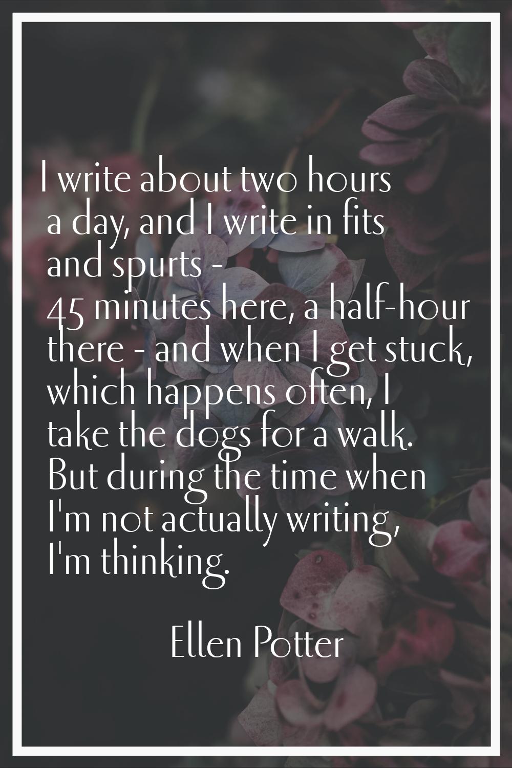 I write about two hours a day, and I write in fits and spurts - 45 minutes here, a half-hour there 