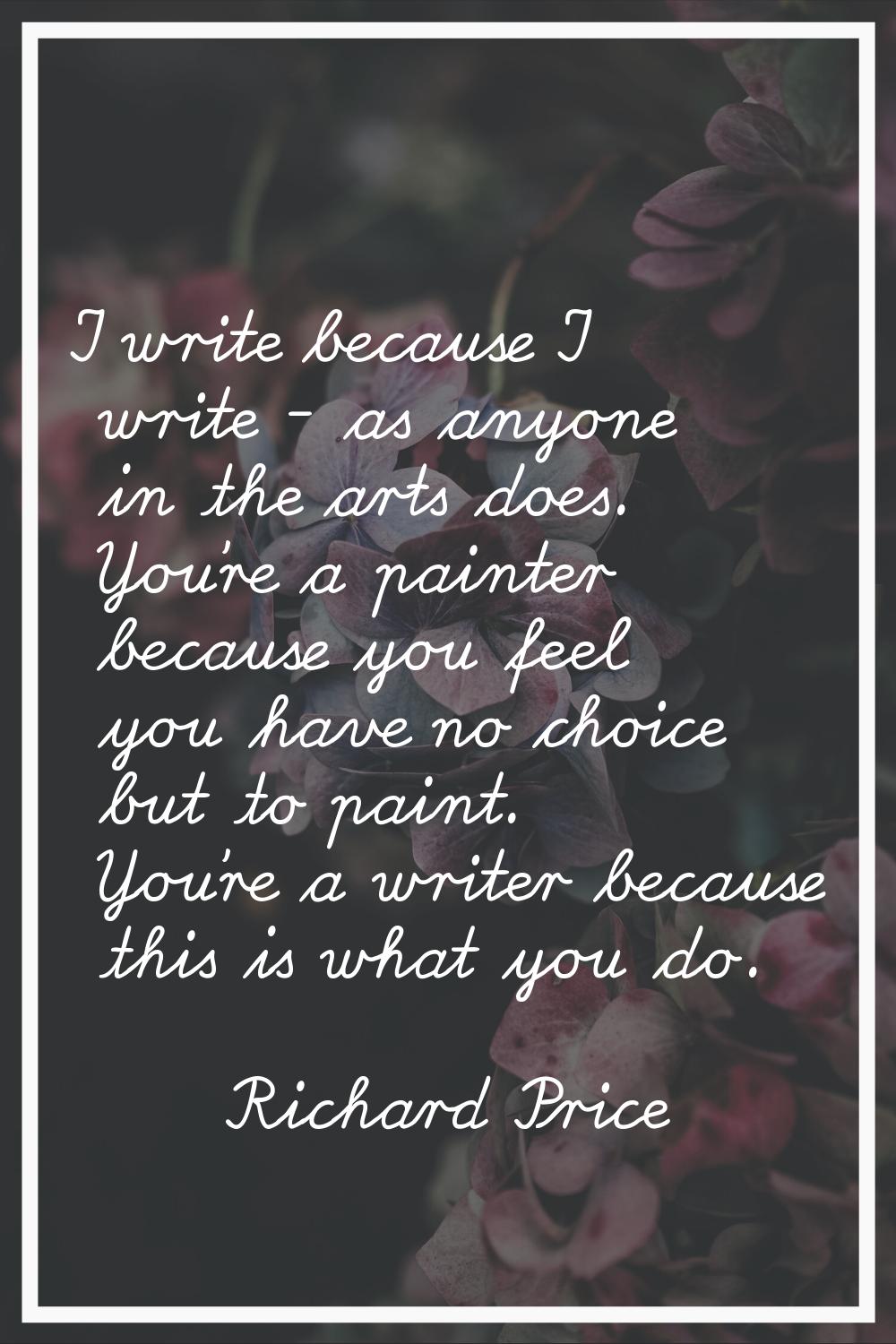 I write because I write - as anyone in the arts does. You're a painter because you feel you have no