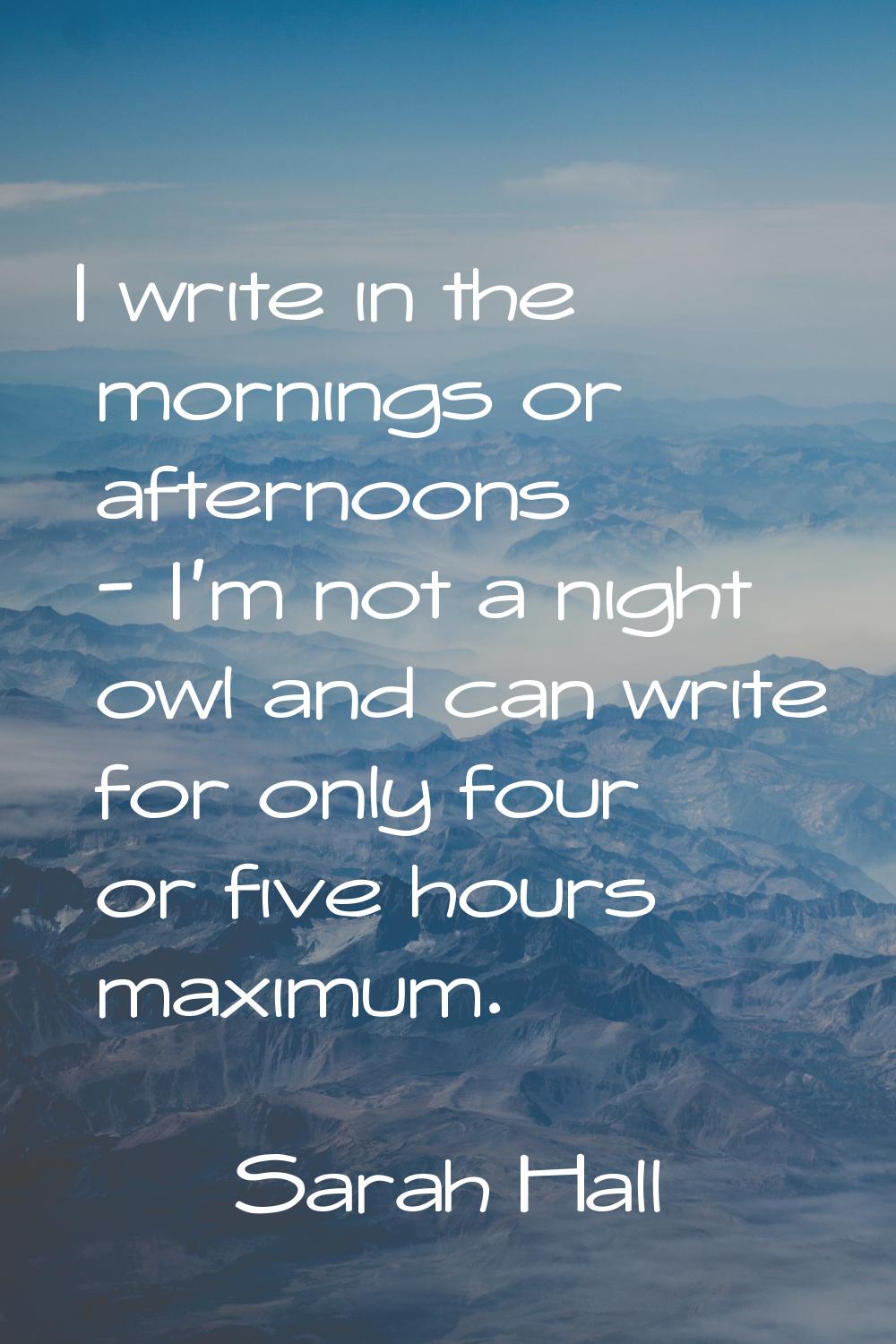 I write in the mornings or afternoons - I'm not a night owl and can write for only four or five hou