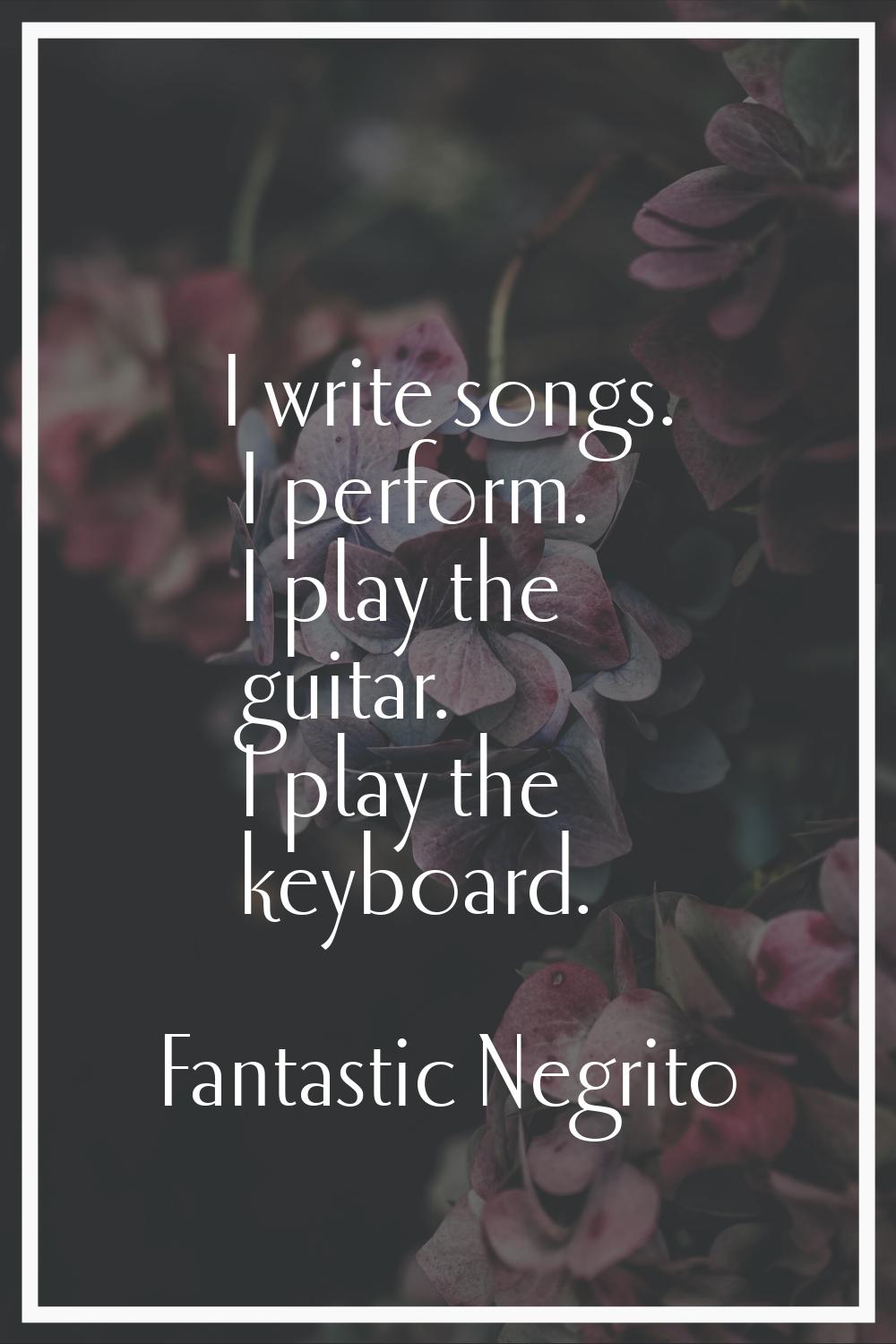 I write songs. I perform. I play the guitar. I play the keyboard.