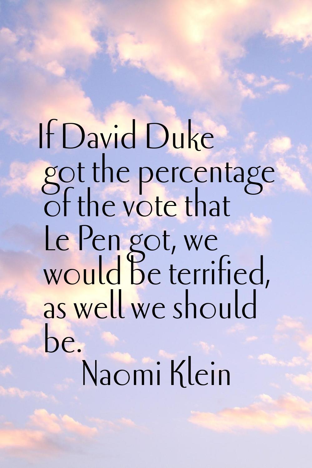 If David Duke got the percentage of the vote that Le Pen got, we would be terrified, as well we sho