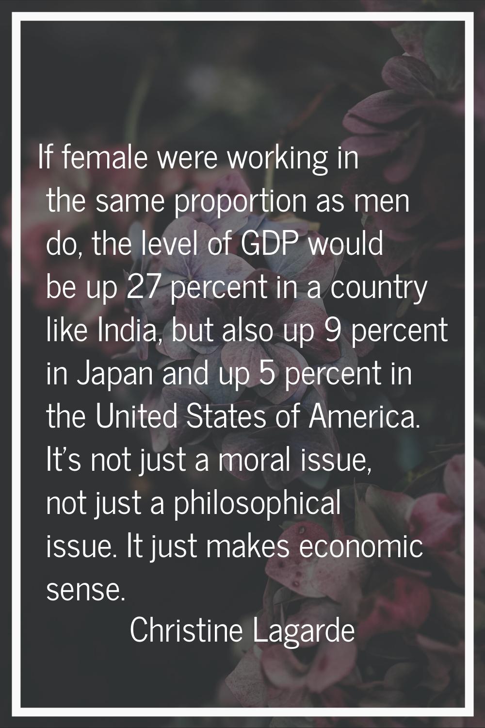 If female were working in the same proportion as men do, the level of GDP would be up 27 percent in