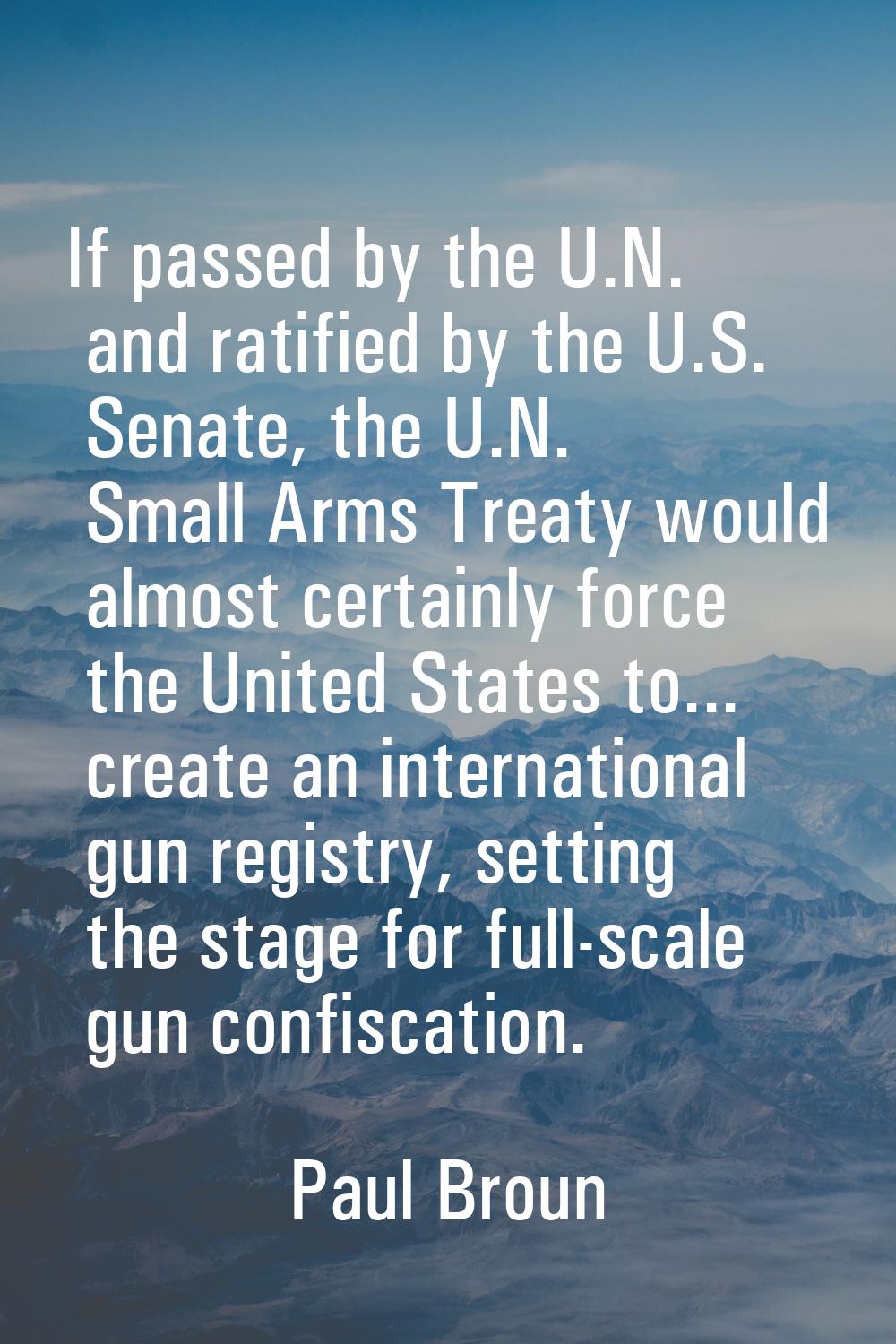 If passed by the U.N. and ratified by the U.S. Senate, the U.N. Small Arms Treaty would almost cert