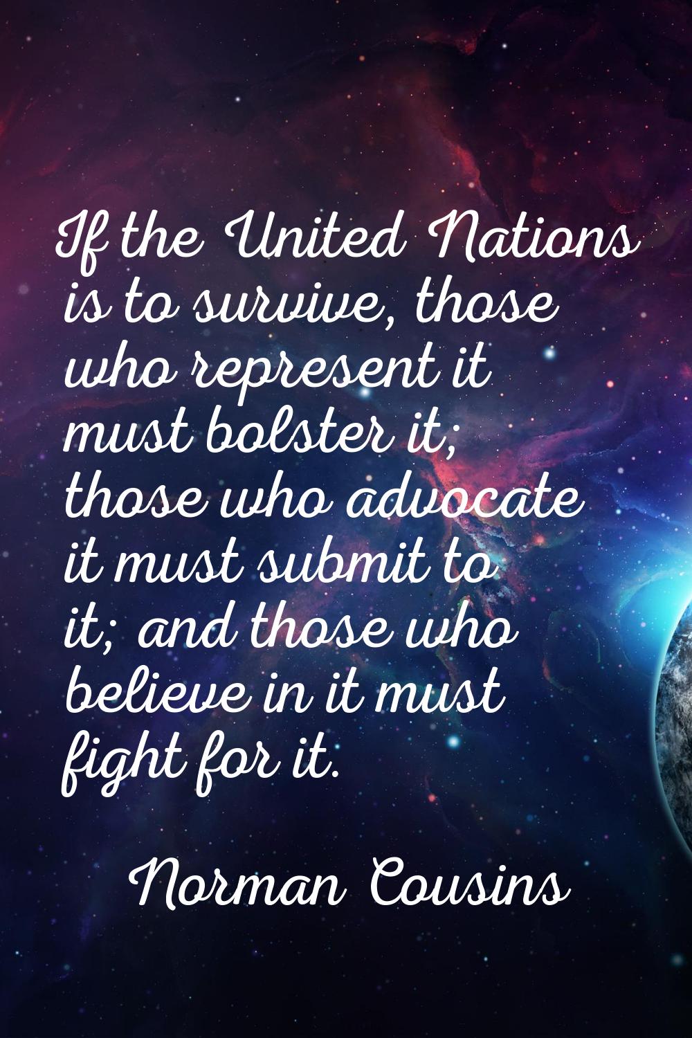 If the United Nations is to survive, those who represent it must bolster it; those who advocate it 