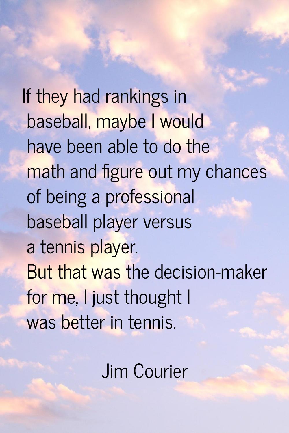 If they had rankings in baseball, maybe I would have been able to do the math and figure out my cha