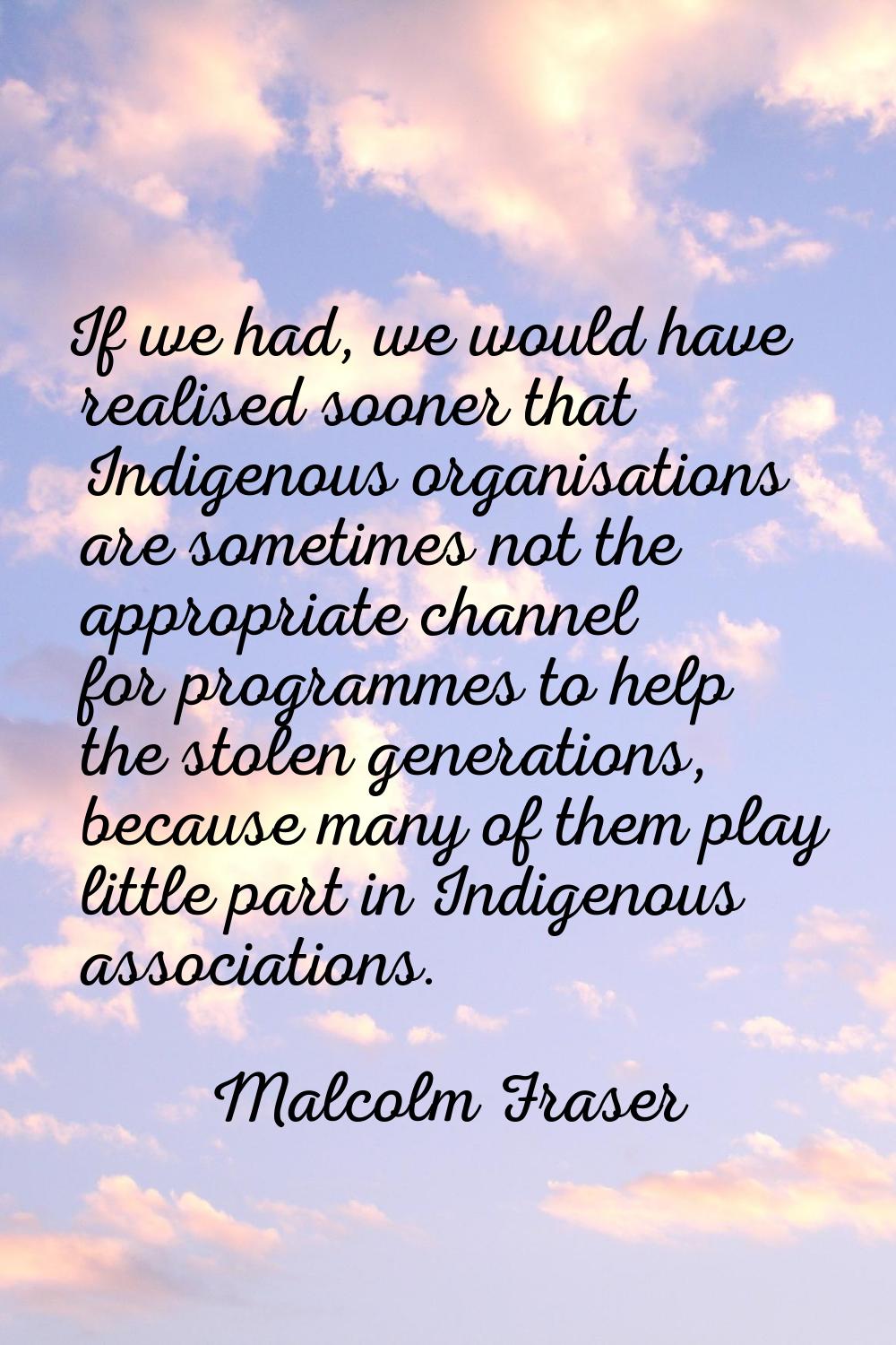 If we had, we would have realised sooner that Indigenous organisations are sometimes not the approp