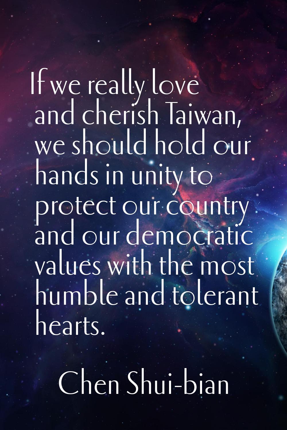 If we really love and cherish Taiwan, we should hold our hands in unity to protect our country and 