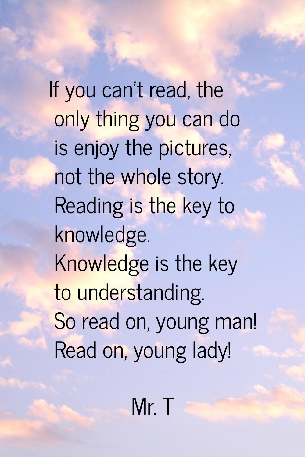 If you can't read, the only thing you can do is enjoy the pictures, not the whole story. Reading is