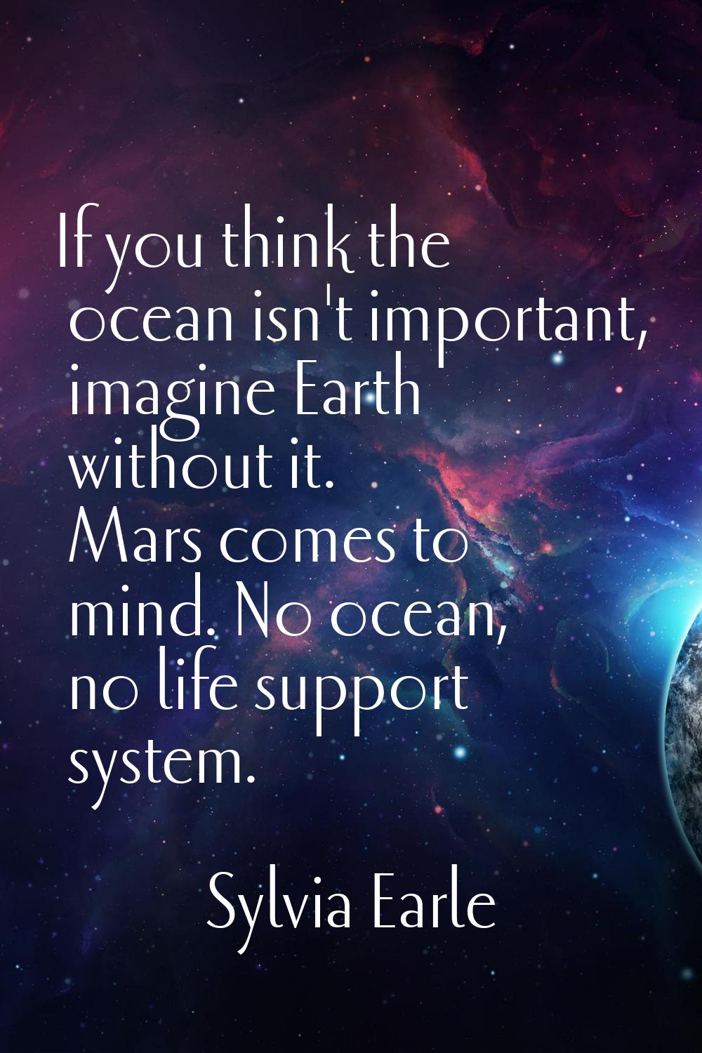 If you think the ocean isn't important, imagine Earth without it. Mars comes to mind. No ocean, no 