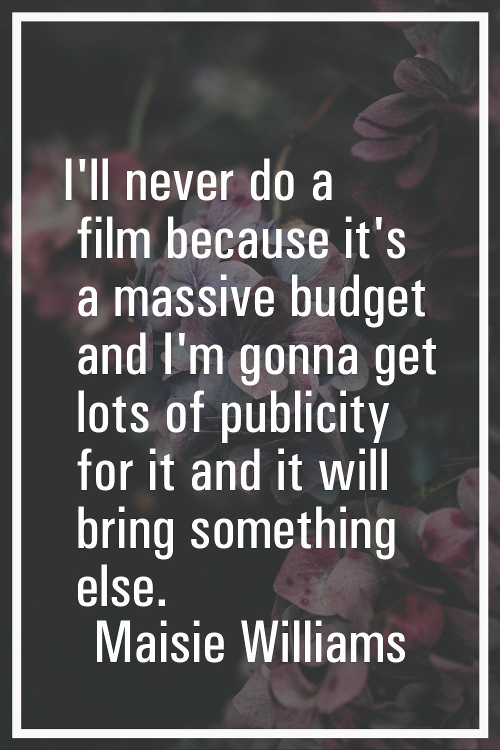 I'll never do a film because it's a massive budget and I'm gonna get lots of publicity for it and i