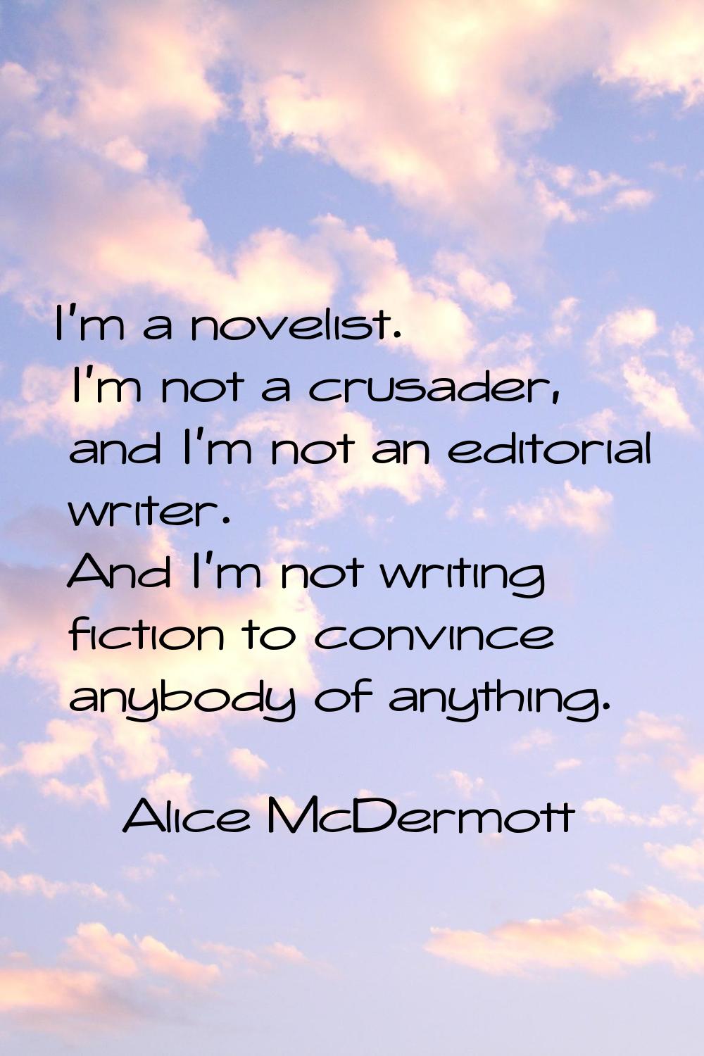 I'm a novelist. I'm not a crusader, and I'm not an editorial writer. And I'm not writing fiction to