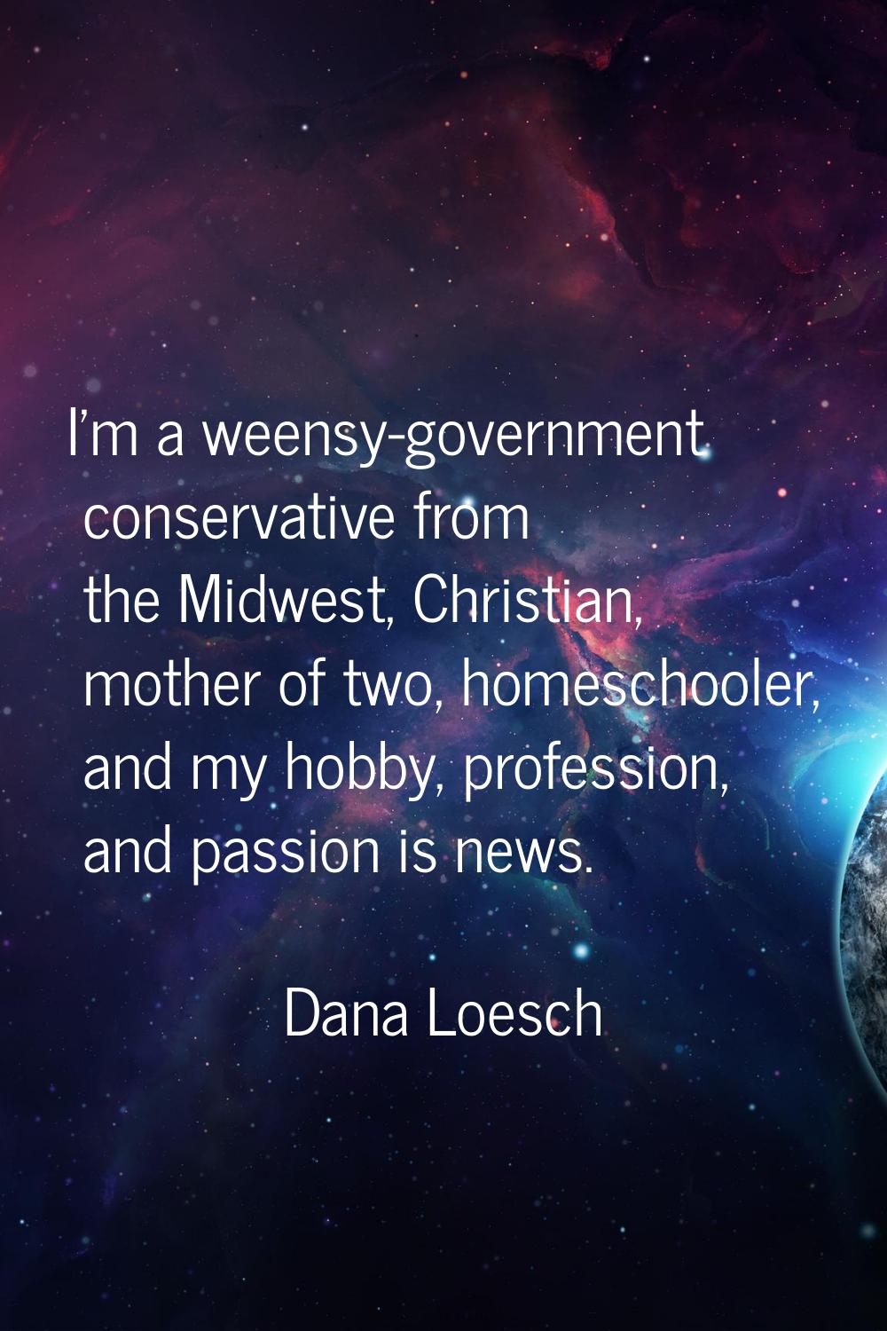 I'm a weensy-government conservative from the Midwest, Christian, mother of two, homeschooler, and 
