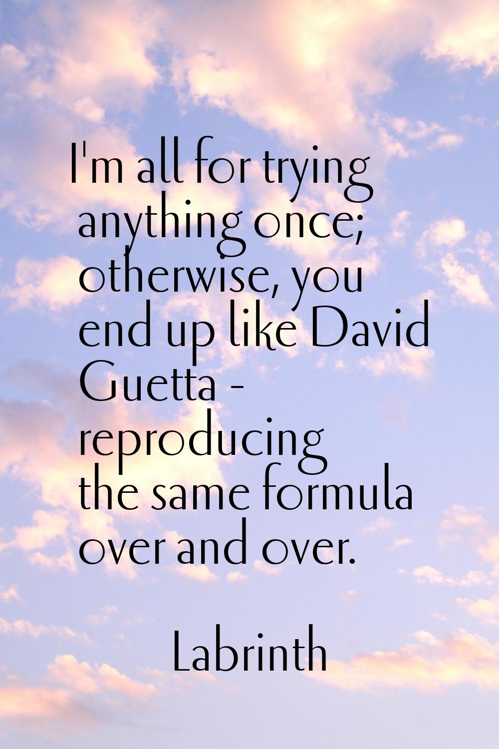 I'm all for trying anything once; otherwise, you end up like David Guetta - reproducing the same fo
