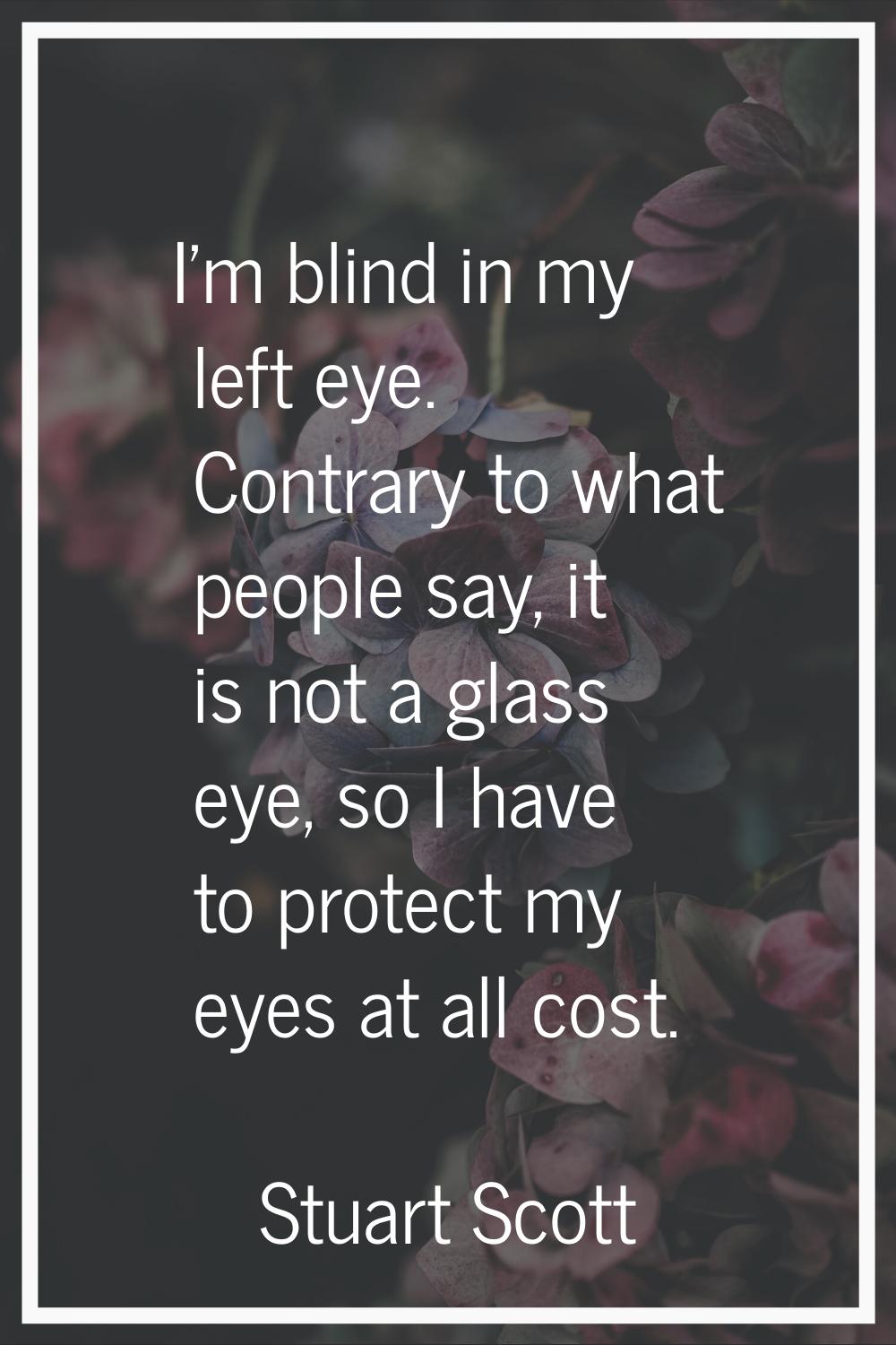 I'm blind in my left eye. Contrary to what people say, it is not a glass eye, so I have to protect 