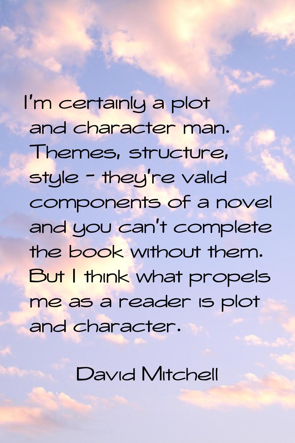 I'm certainly a plot and character man. Themes, structure, style - they're valid components of a no