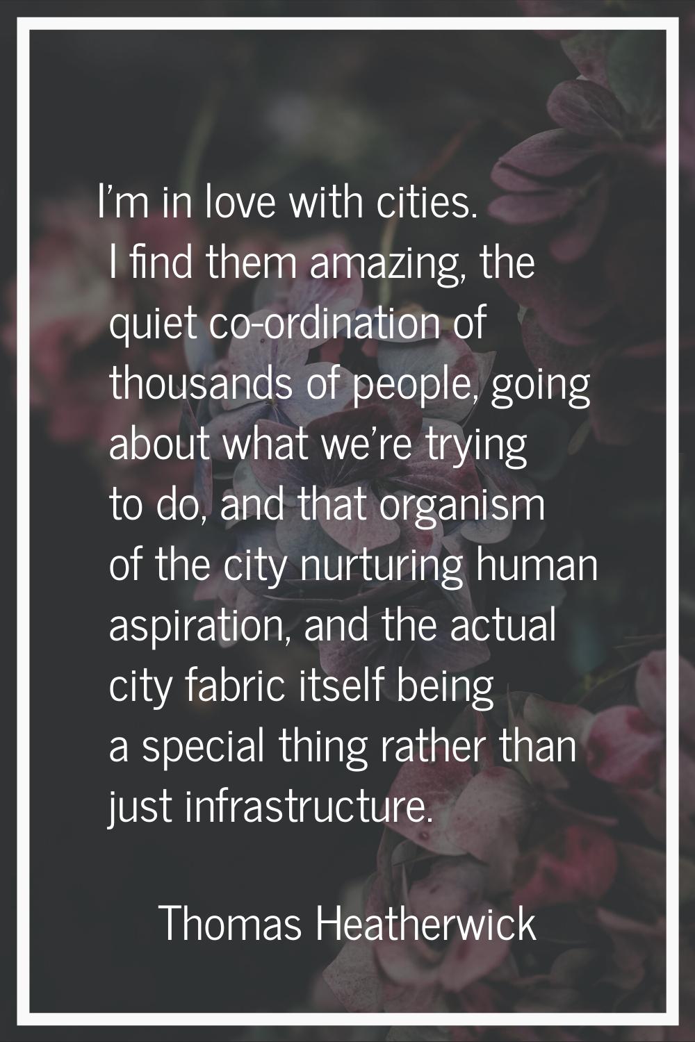 I'm in love with cities. I find them amazing, the quiet co-ordination of thousands of people, going