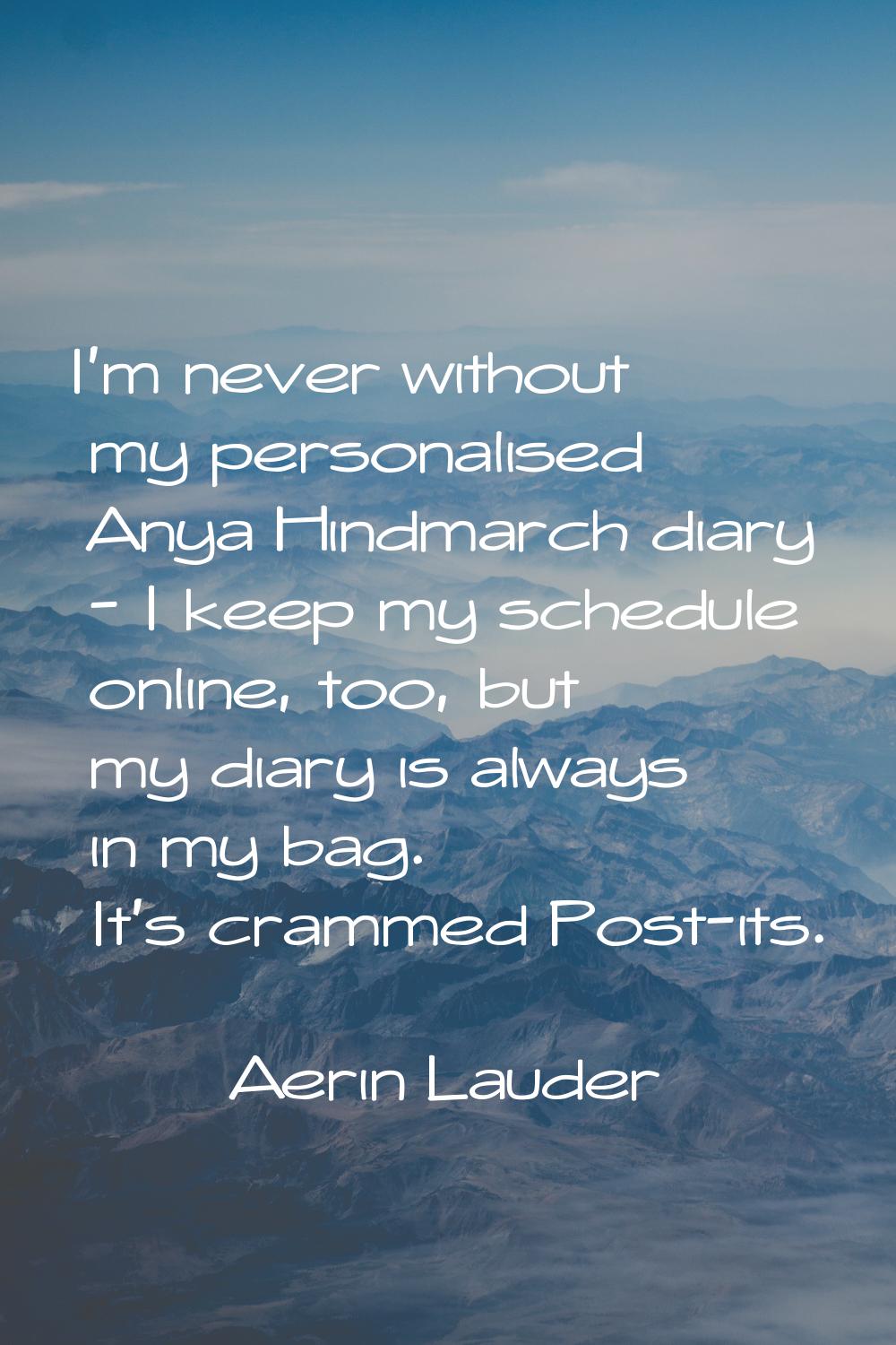 I'm never without my personalised Anya Hindmarch diary - I keep my schedule online, too, but my dia