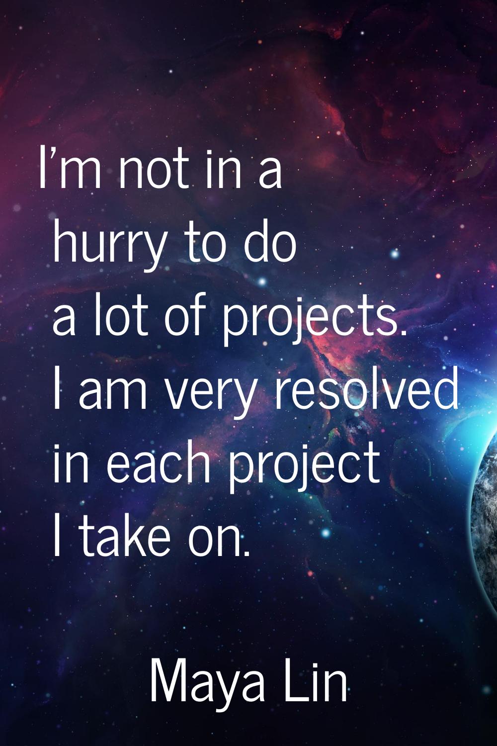 I'm not in a hurry to do a lot of projects. I am very resolved in each project I take on.