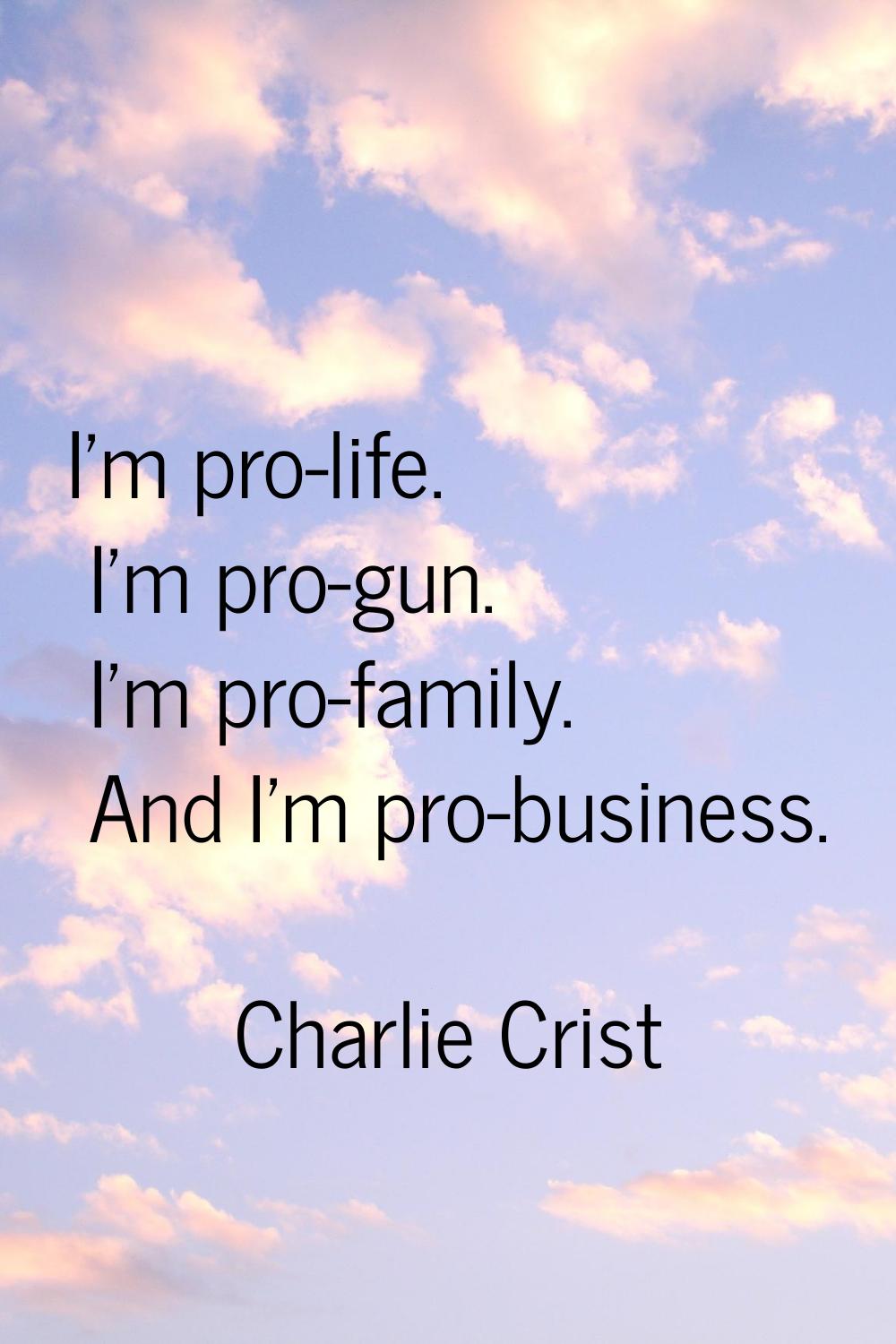 I'm pro-life. I'm pro-gun. I'm pro-family. And I'm pro-business.