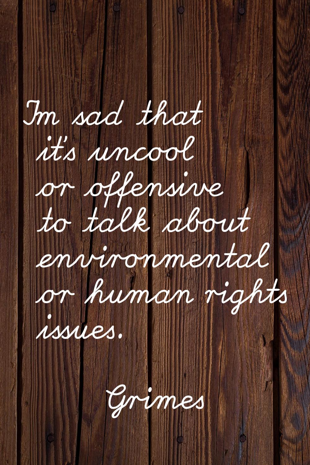 I'm sad that it's uncool or offensive to talk about environmental or human rights issues.