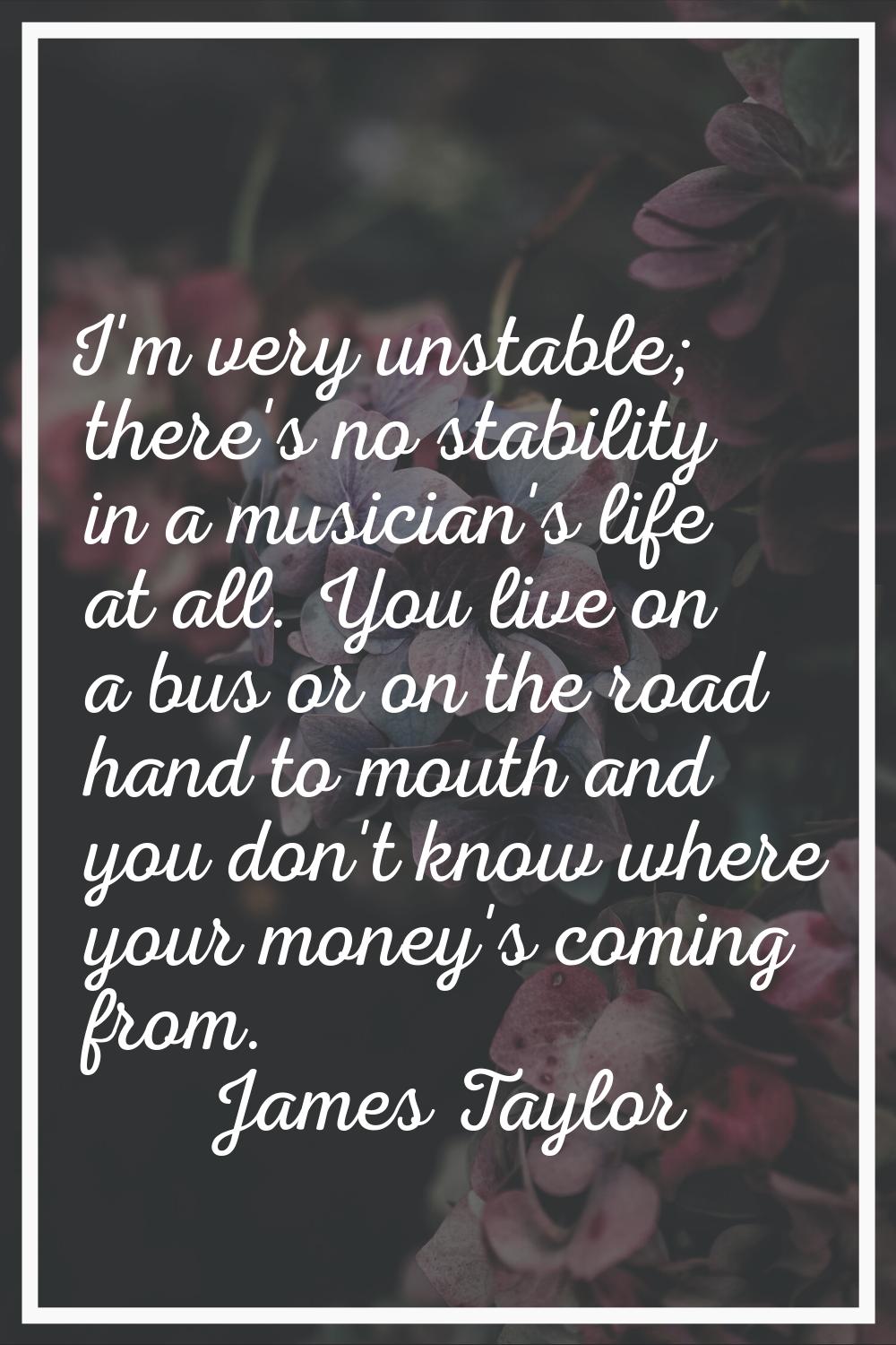 I'm very unstable; there's no stability in a musician's life at all. You live on a bus or on the ro