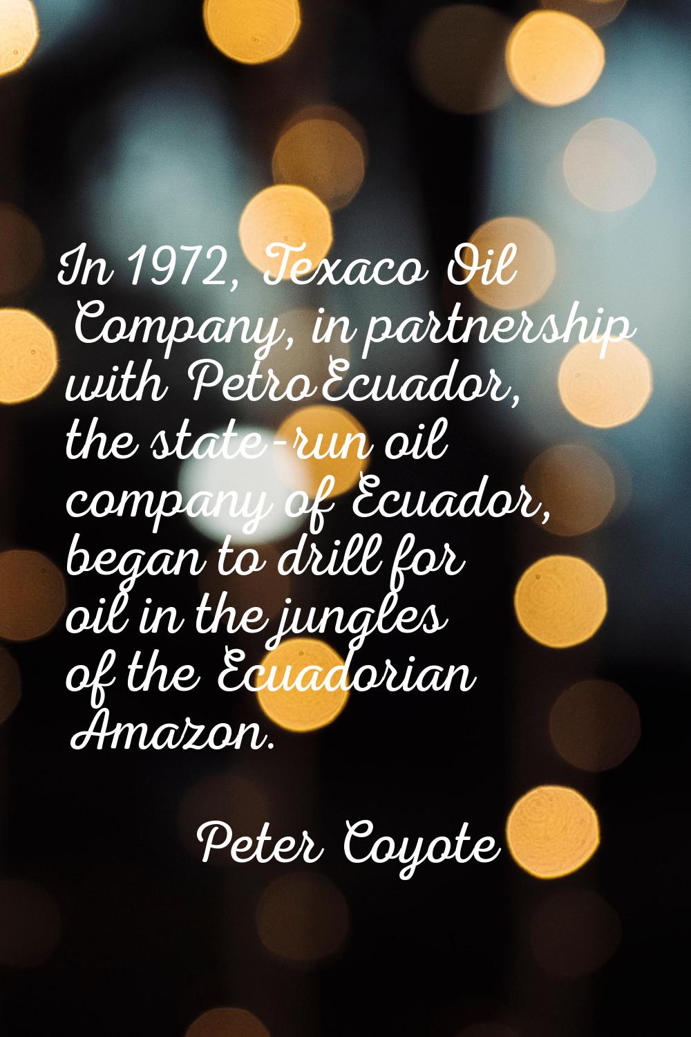 In 1972, Texaco Oil Company, in partnership with PetroEcuador, the state-run oil company of Ecuador