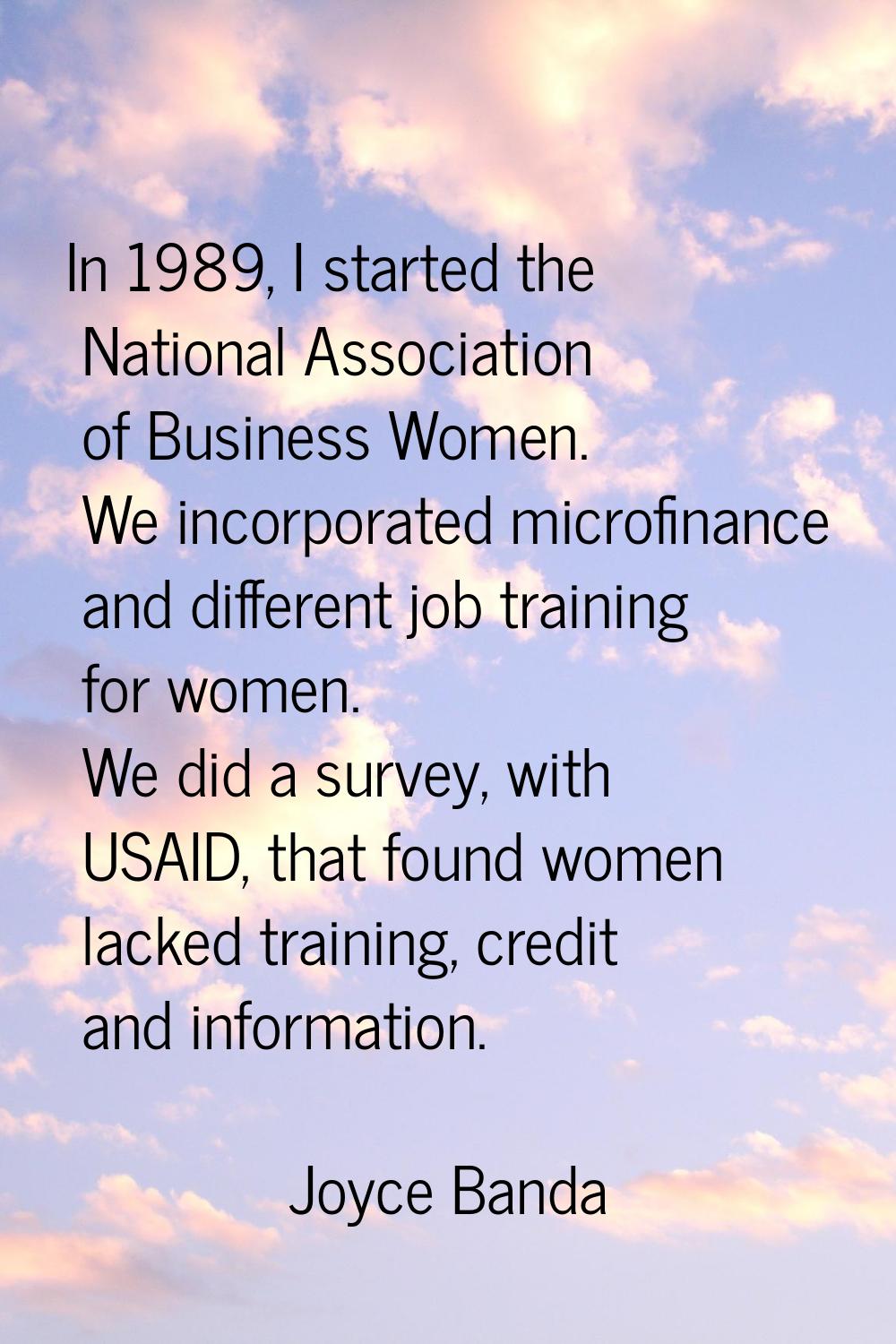In 1989, I started the National Association of Business Women. We incorporated microfinance and dif