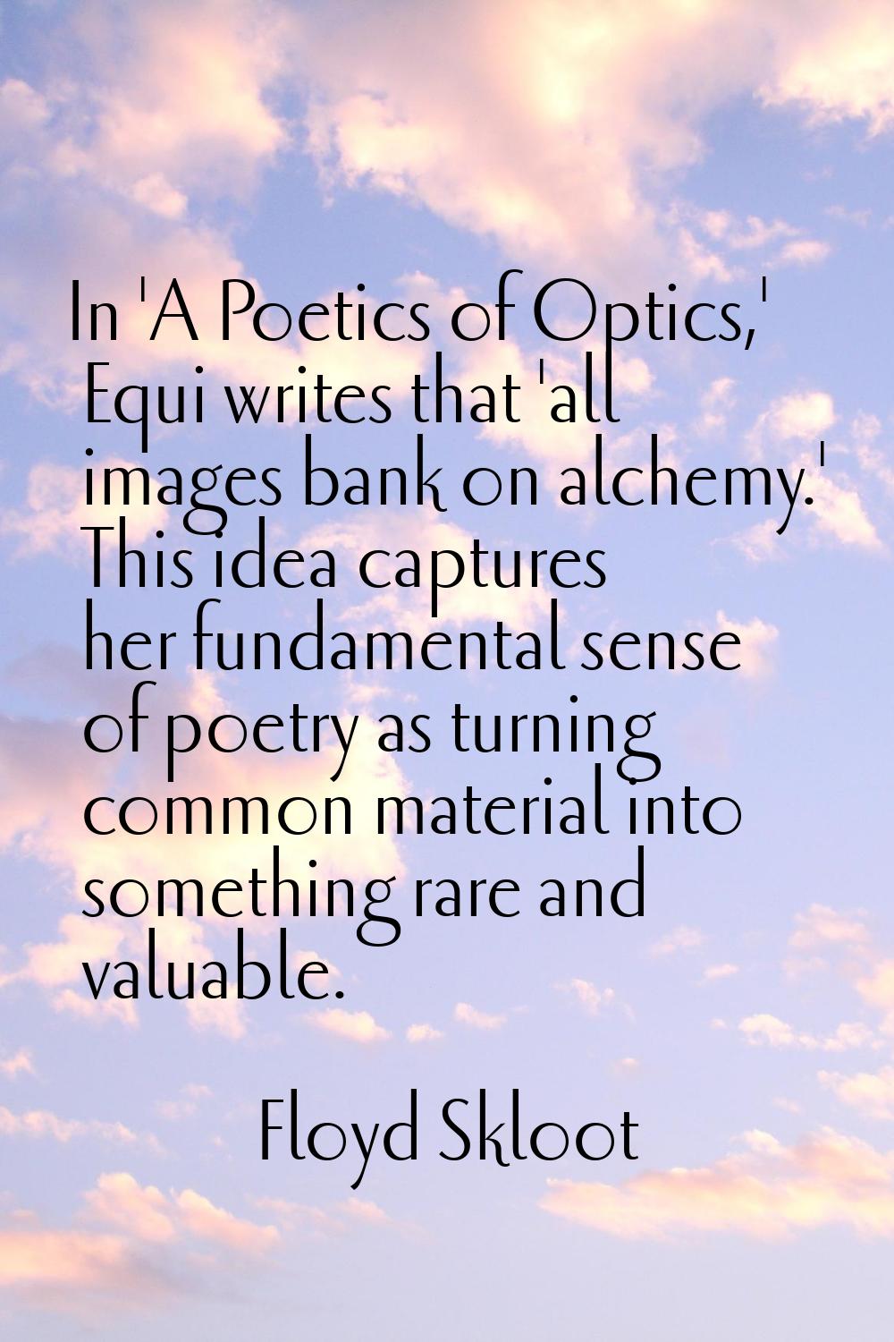 In 'A Poetics of Optics,' Equi writes that 'all images bank on alchemy.' This idea captures her fun