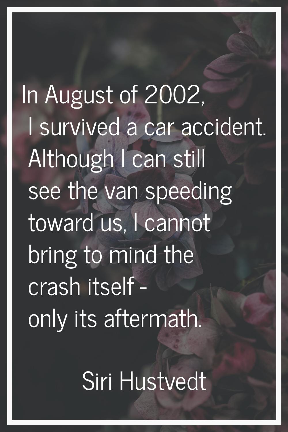 In August of 2002, I survived a car accident. Although I can still see the van speeding toward us, 
