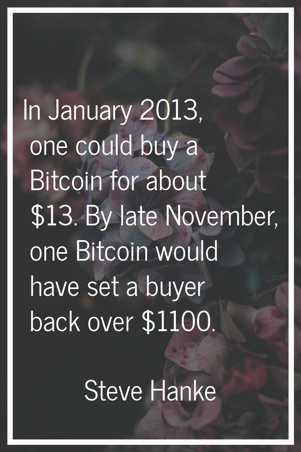 In January 2013, one could buy a Bitcoin for about $13. By late November, one Bitcoin would have se
