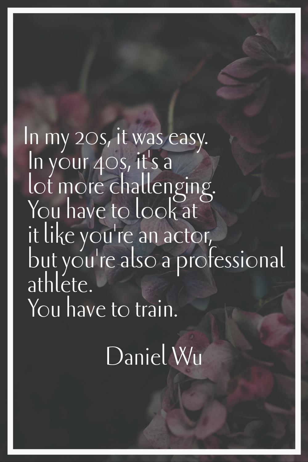 In my 20s, it was easy. In your 40s, it's a lot more challenging. You have to look at it like you'r