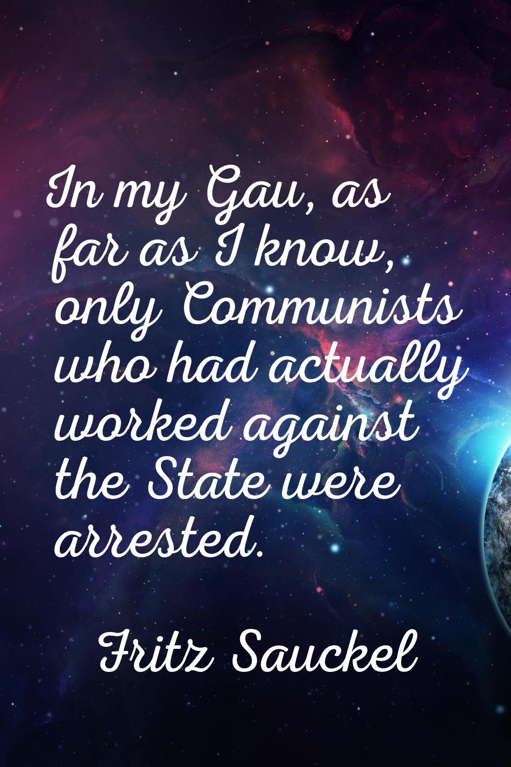 In my Gau, as far as I know, only Communists who had actually worked against the State were arreste