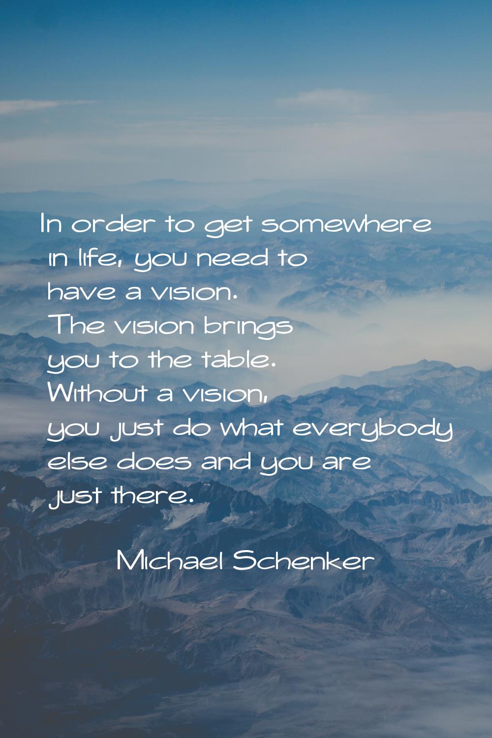 In order to get somewhere in life, you need to have a vision. The vision brings you to the table. W