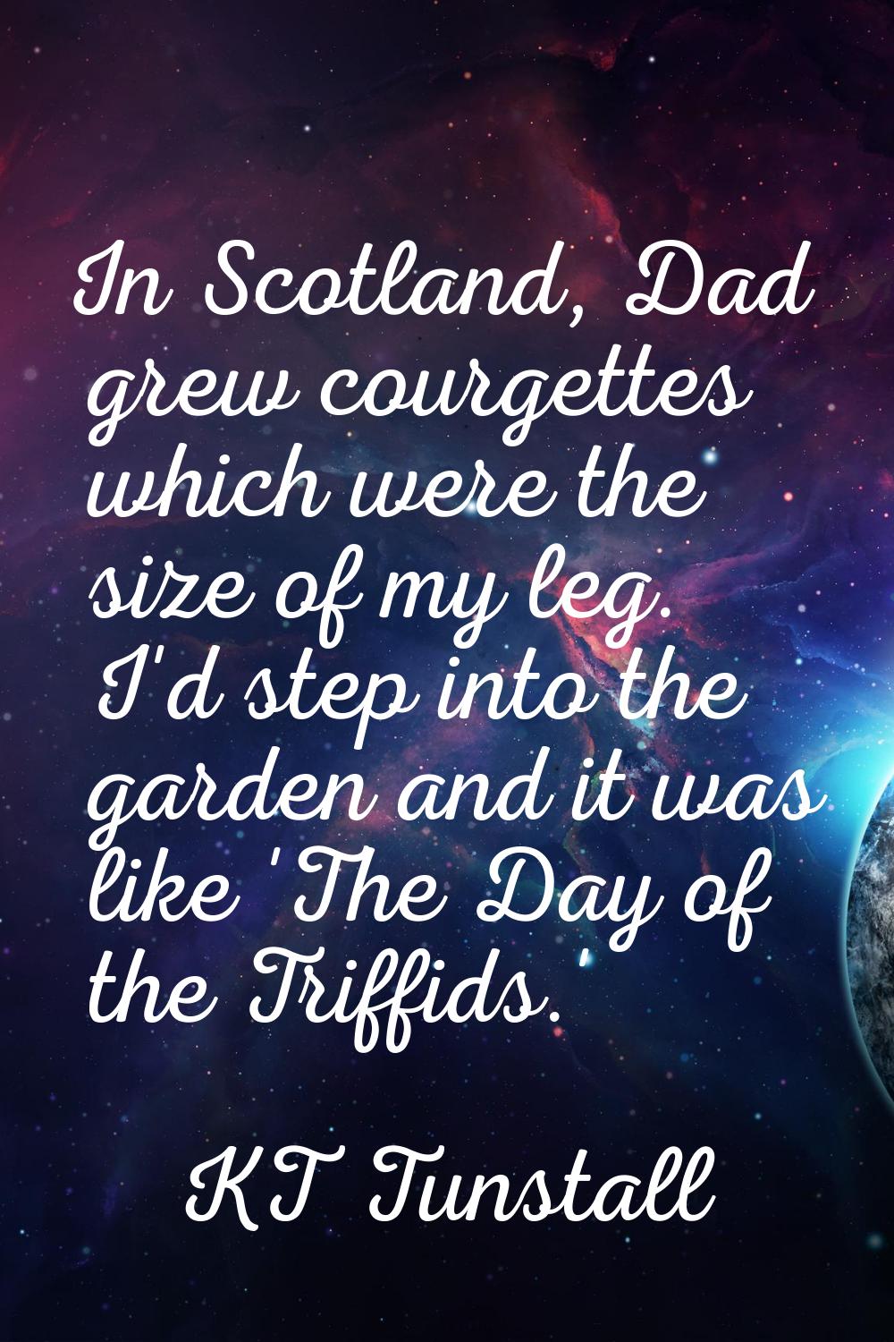 In Scotland, Dad grew courgettes which were the size of my leg. I'd step into the garden and it was