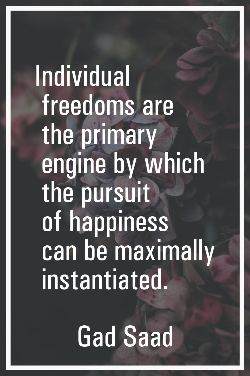 Individual freedoms are the primary engine by which the pursuit of happiness can be maximally insta
