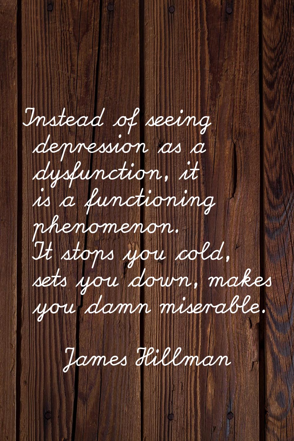 Instead of seeing depression as a dysfunction, it is a functioning phenomenon. It stops you cold, s