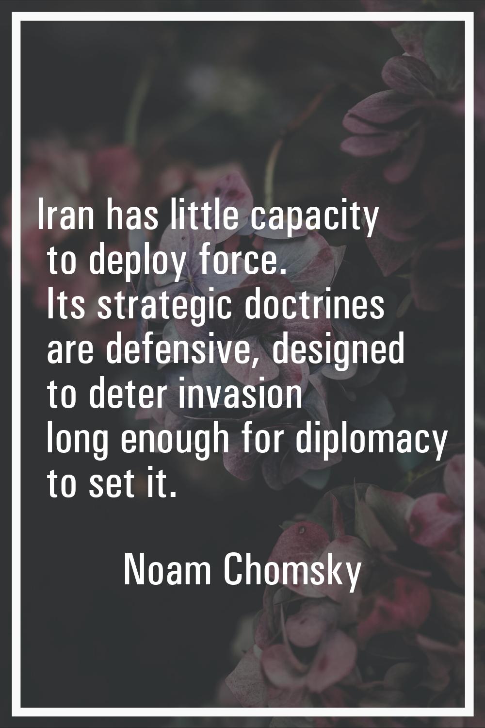 Iran has little capacity to deploy force. Its strategic doctrines are defensive, designed to deter 