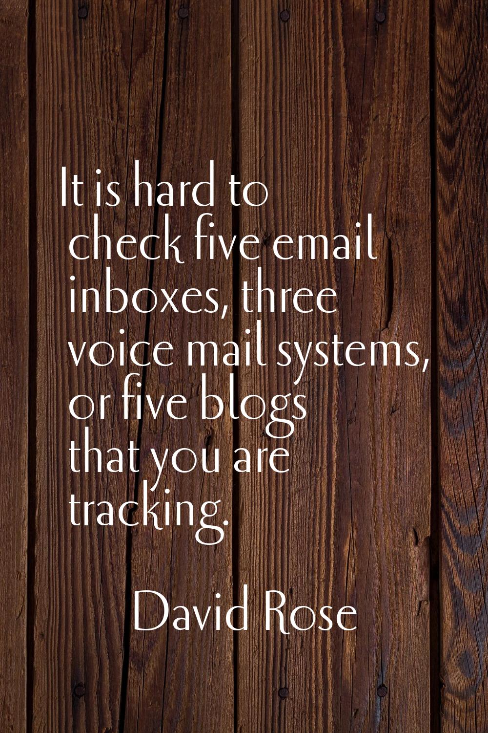 It is hard to check five email inboxes, three voice mail systems, or five blogs that you are tracki