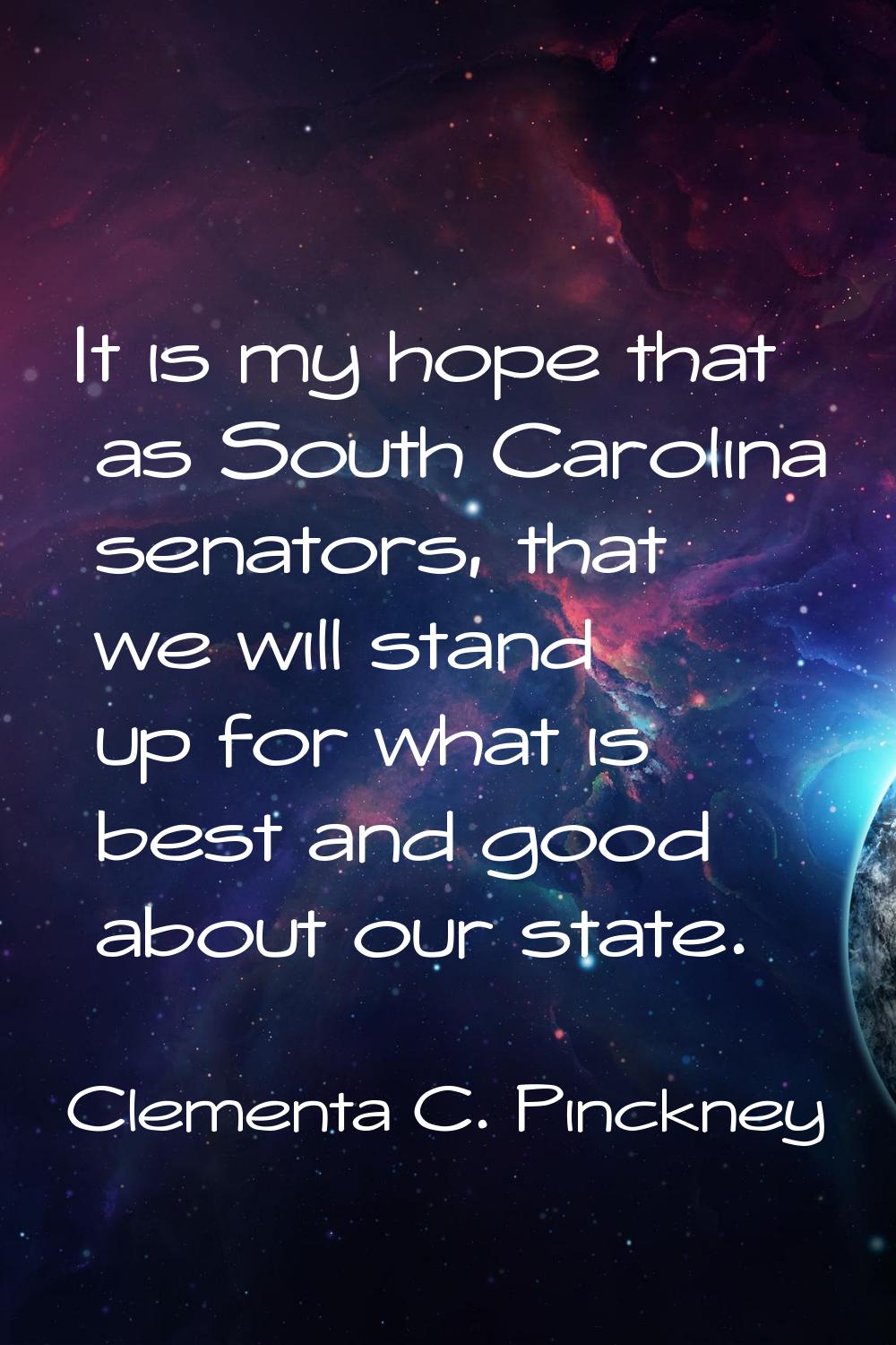 It is my hope that as South Carolina senators, that we will stand up for what is best and good abou
