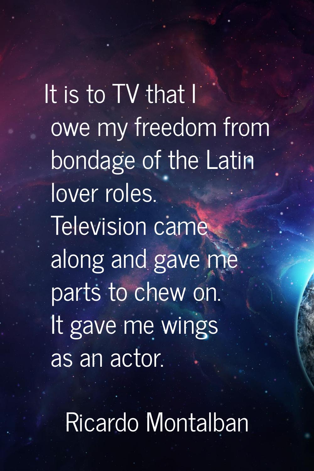 It is to TV that I owe my freedom from bondage of the Latin lover roles. Television came along and 