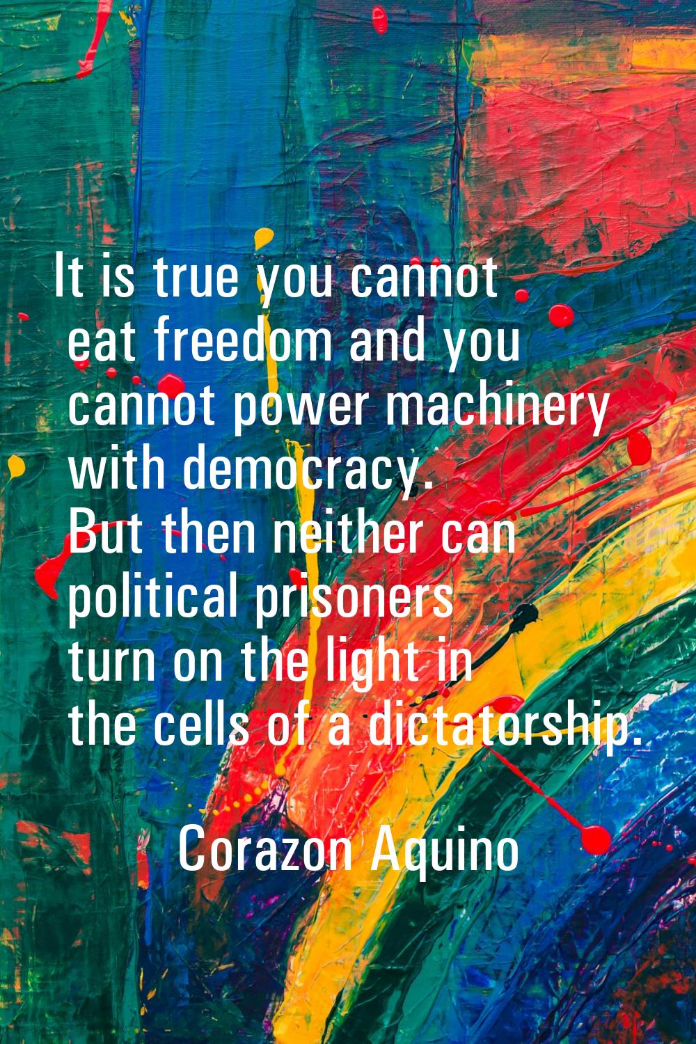 It is true you cannot eat freedom and you cannot power machinery with democracy. But then neither c